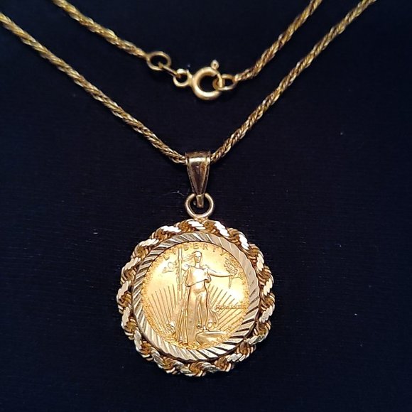 US mint Jewelry - 1989 American Gold eagle 1/10 Oz fine gold in Bezel and chain